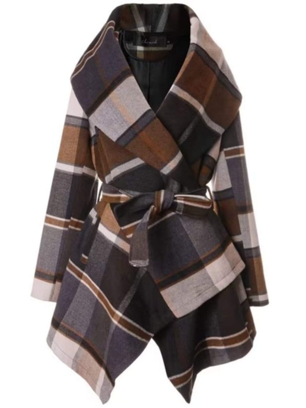 CHICWISH Plaid Check Shawl Collar Asymmetrical Hem Belted Open Wrap Wool Coat